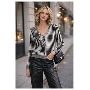 GABBY ISABELLA Ruffle Neck B&W Striped Sweater Sz S Wool blend Chic Rare Luxe